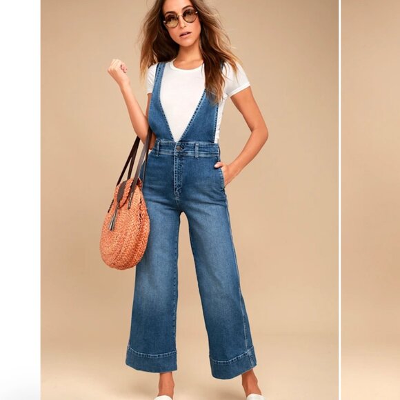 Free People Overalls Wide Leg A Line Medium Wash Overalls - Picture 1 of 13